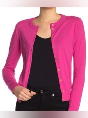 J. Crew Size L 100% Cotton Button-Down Cardigan With Gold Buttons - Hot Pink